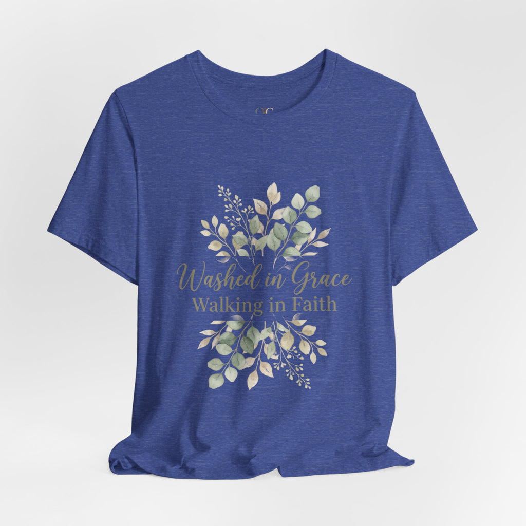 Washed in Grace Floral Tee – "Walking in Faith" Christian T-Shirt