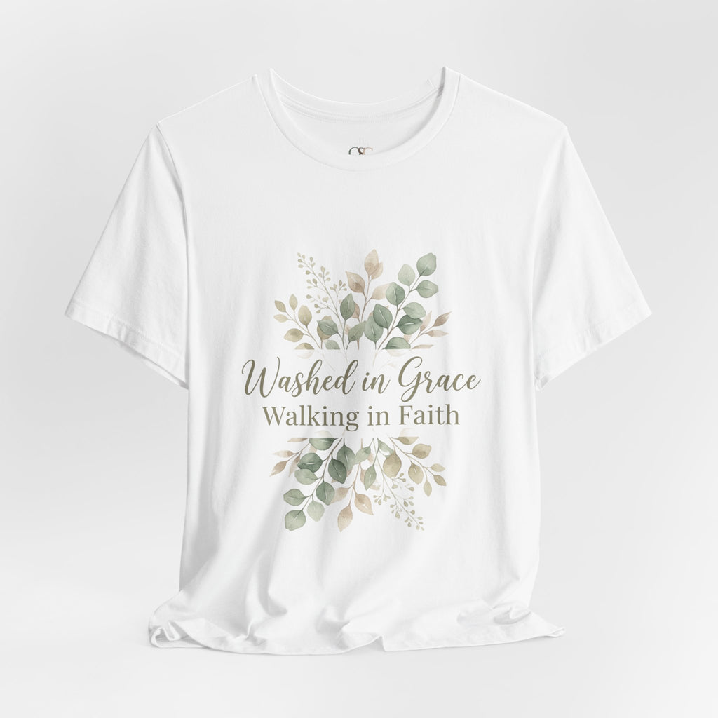 Washed in Grace Floral Tee – "Walking in Faith" Christian T-Shirt