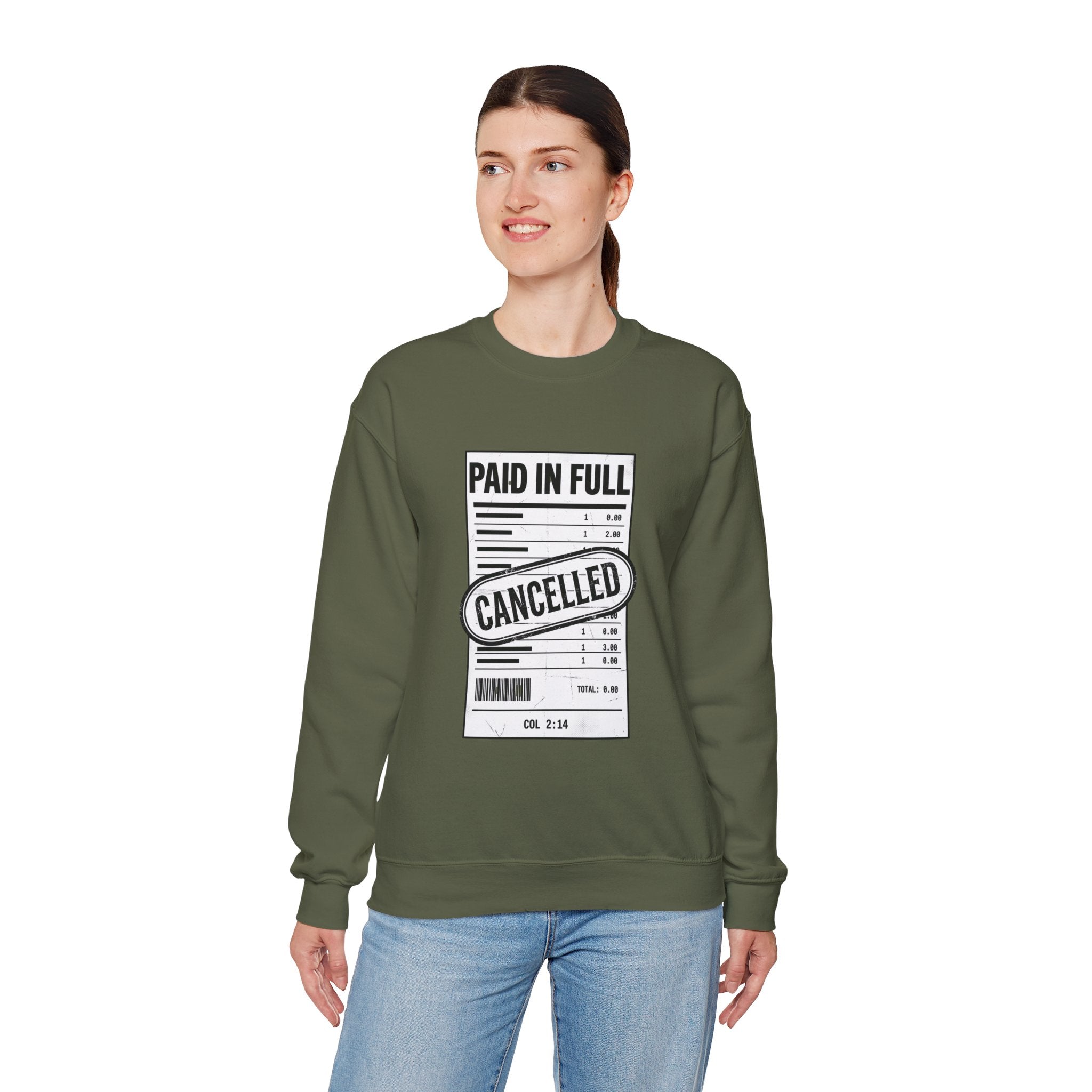 Paid in Full Cancelled Receipt Sweatshirt | Christian Streetwear, Bold Typography