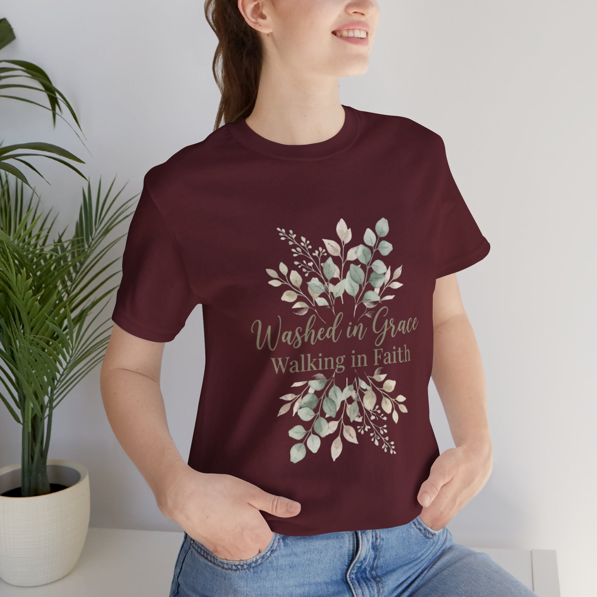 Washed in Grace Floral Tee – "Walking in Faith" Christian T-Shirt