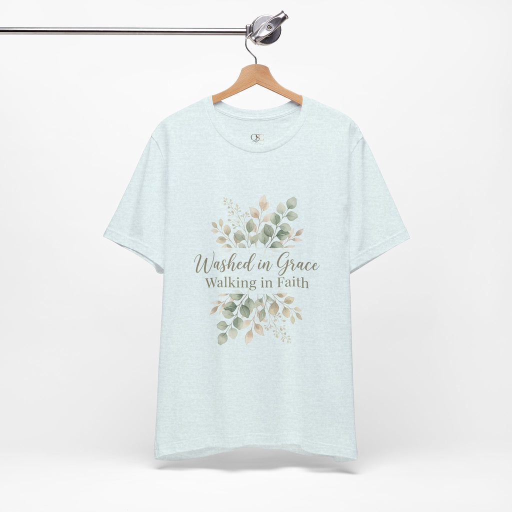 Washed in Grace Floral Tee – "Walking in Faith" Christian T-Shirt