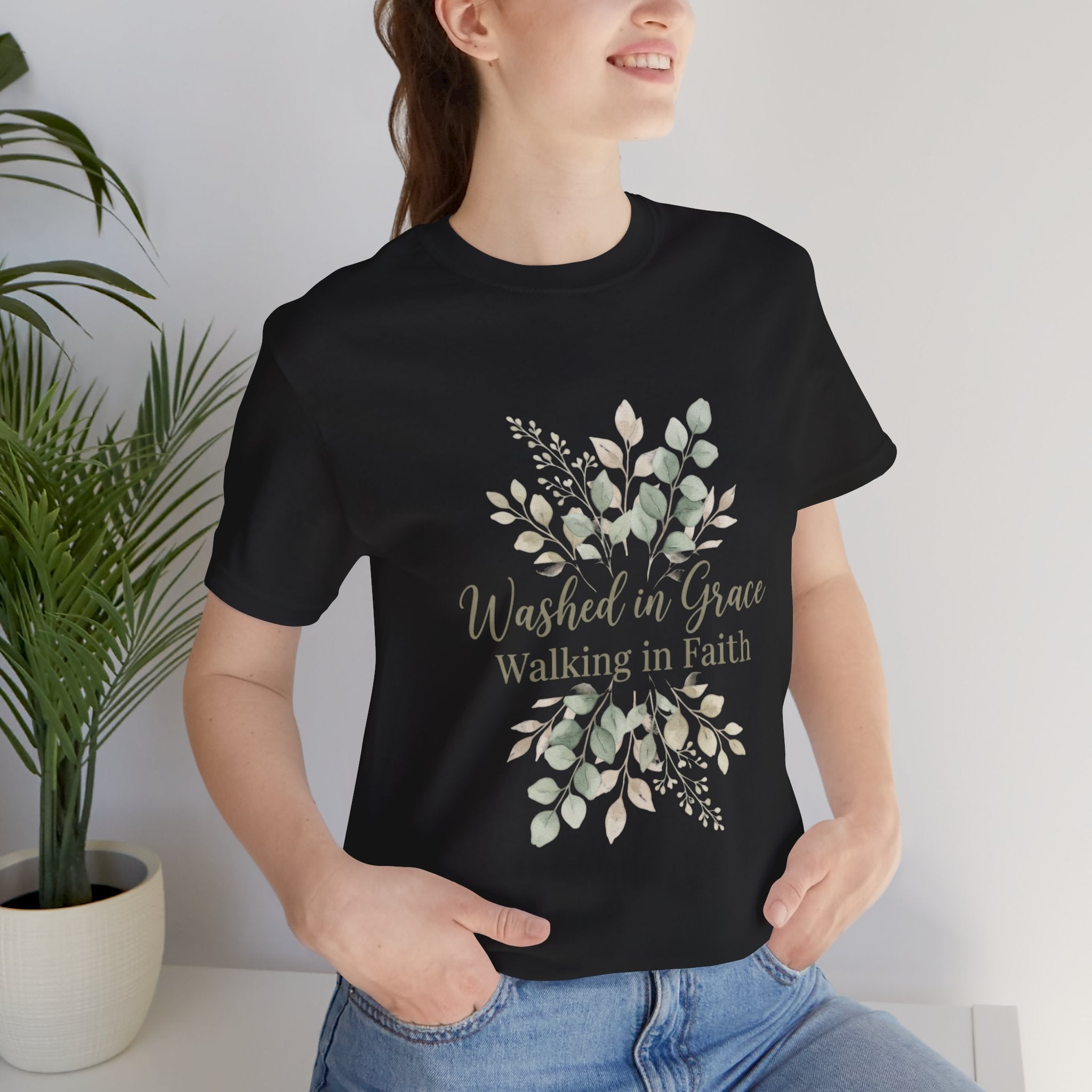 Washed in Grace Floral Tee – "Walking in Faith" Christian T-Shirt