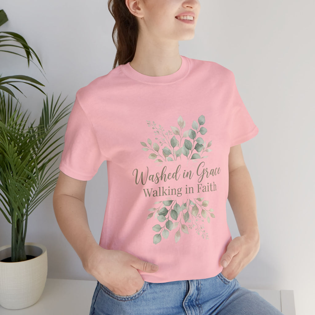 Washed in Grace Floral Tee – "Walking in Faith" Christian T-Shirt