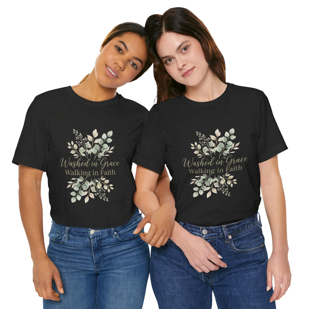 Washed in Grace Floral Tee – "Walking in Faith" Christian T-Shirt