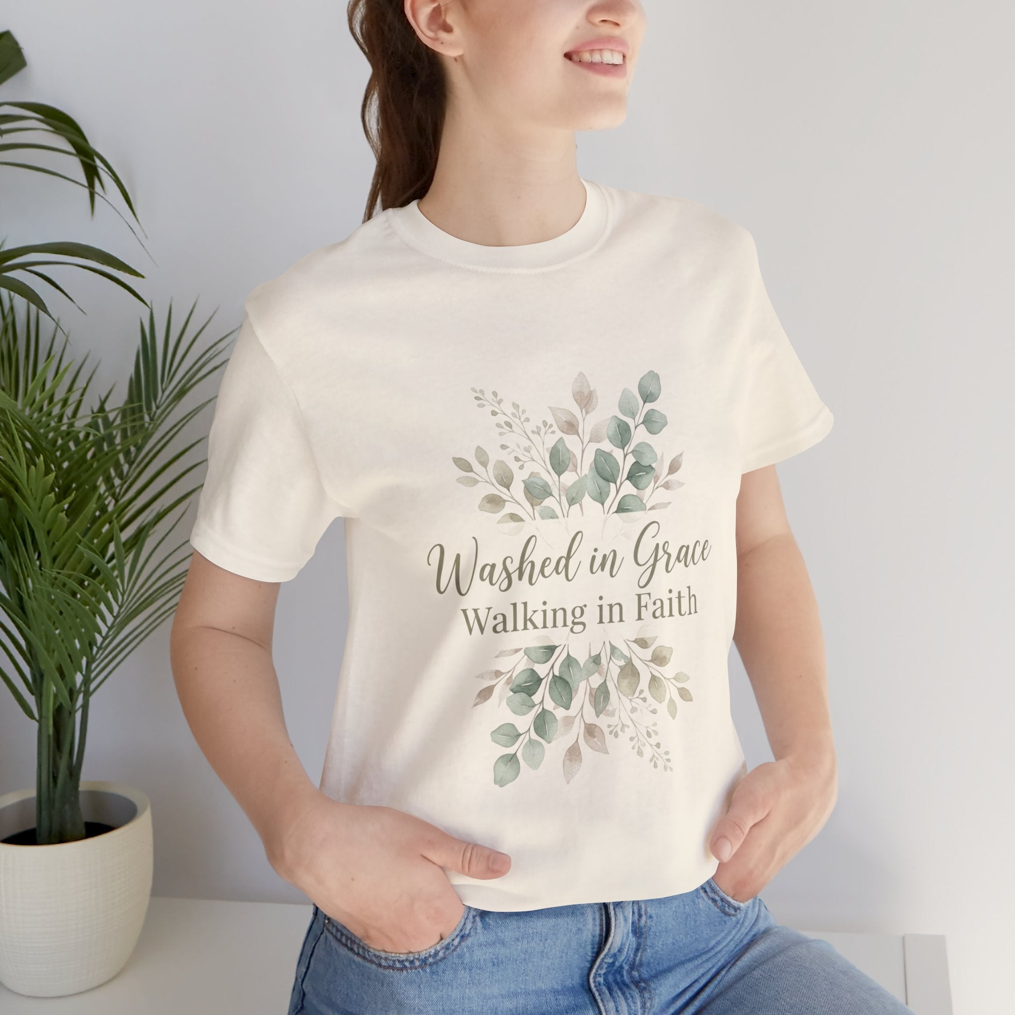 Washed in Grace Floral Tee – "Walking in Faith" Christian T-Shirt