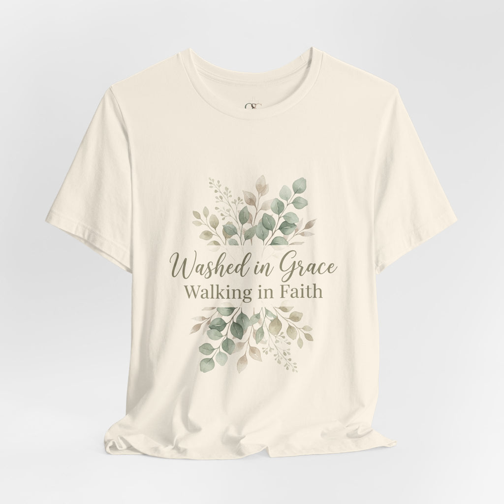 Washed in Grace Floral Tee – "Walking in Faith" Christian T-Shirt