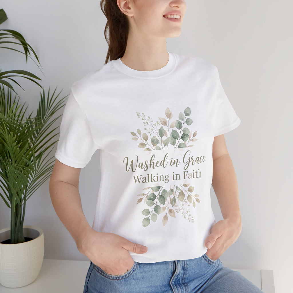 Washed in Grace Floral Tee – "Walking in Faith" Christian T-Shirt