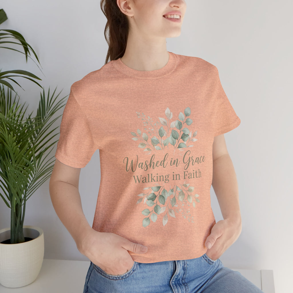 Washed in Grace Floral Tee – "Walking in Faith" Christian T-Shirt