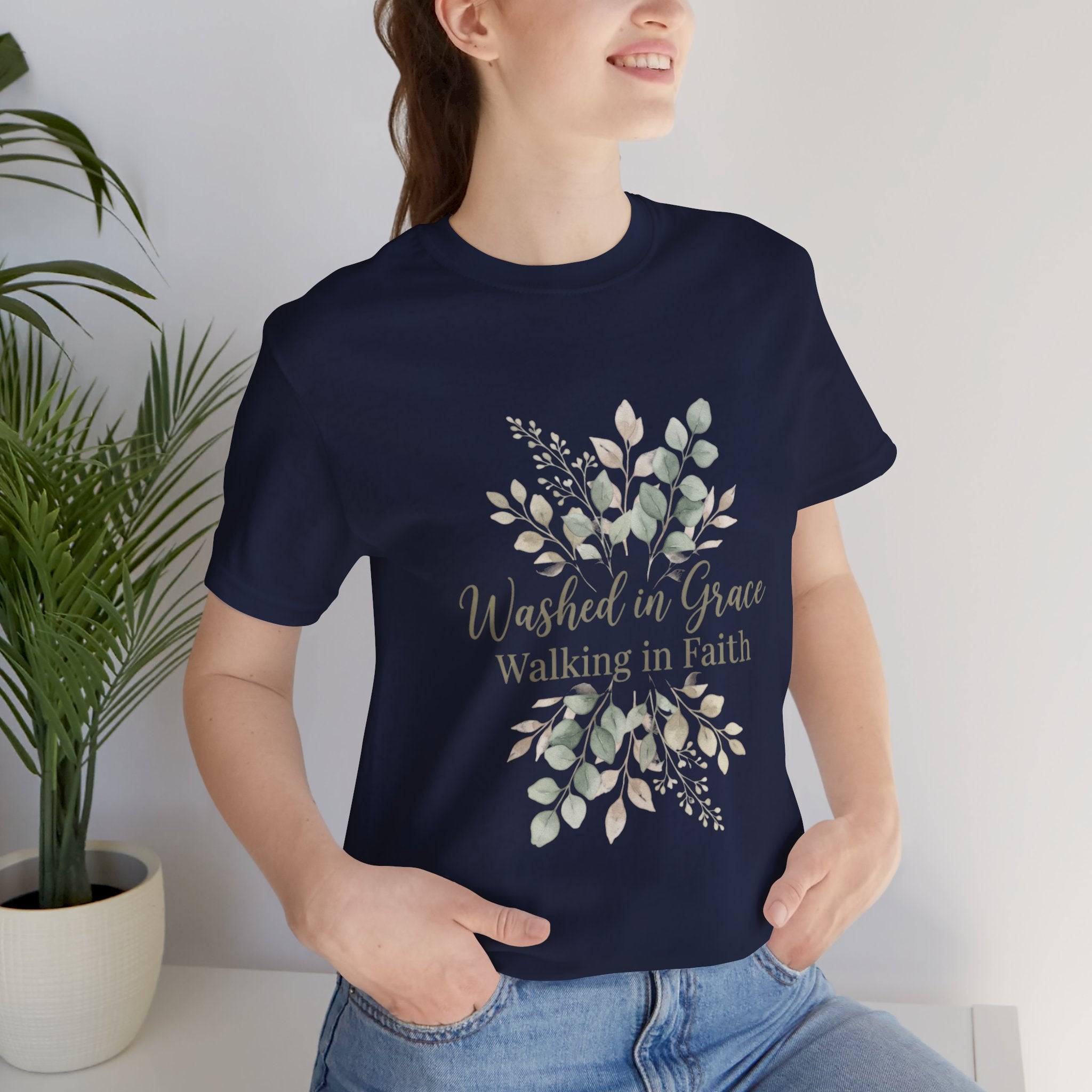 Washed in Grace Floral Tee – "Walking in Faith" Christian T-Shirt