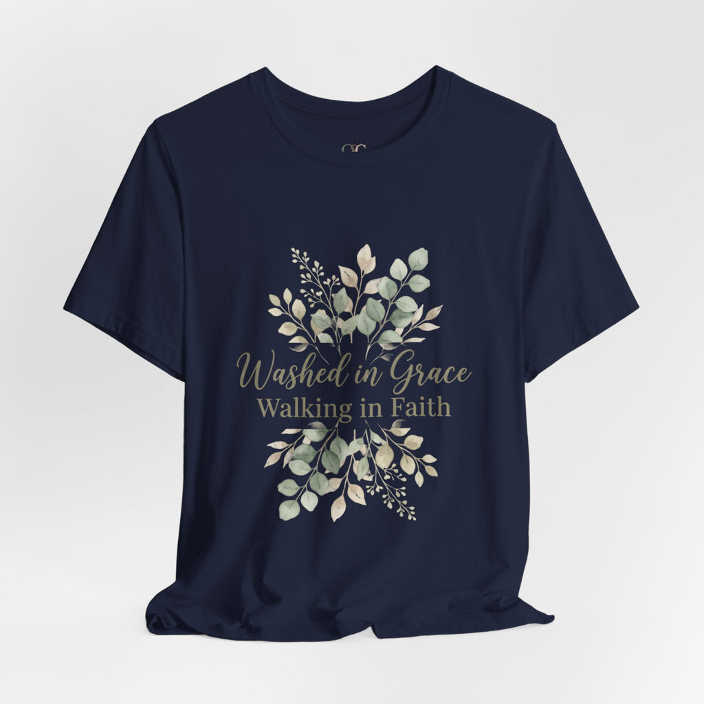 Washed in Grace Floral Tee – "Walking in Faith" Christian T-Shirt