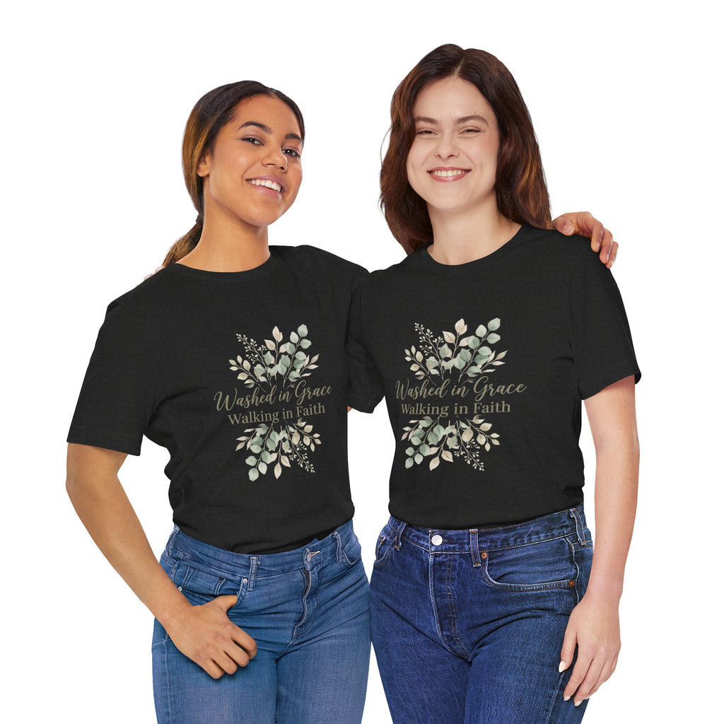 Washed in Grace Floral Tee – "Walking in Faith" Christian T-Shirt
