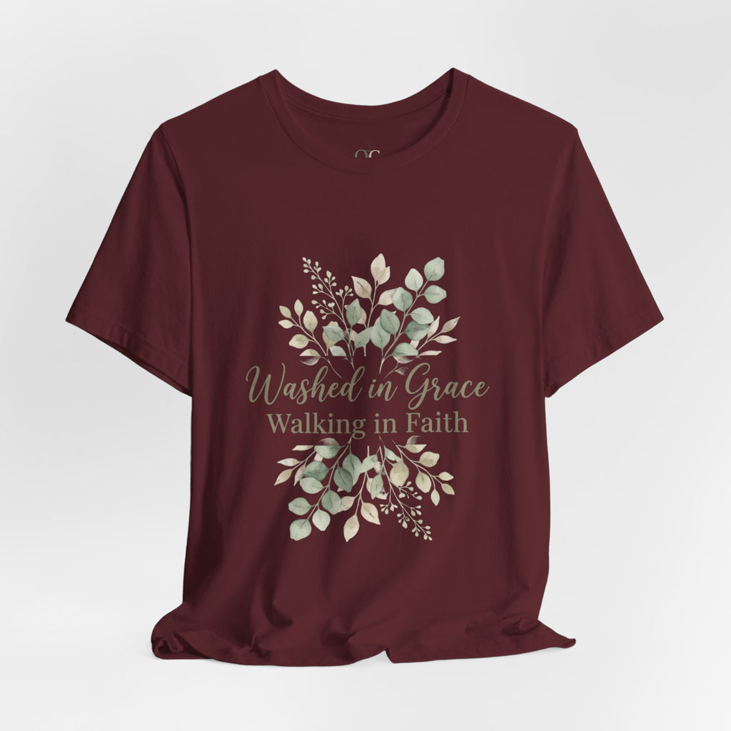 Washed in Grace Floral Tee – "Walking in Faith" Christian T-Shirt