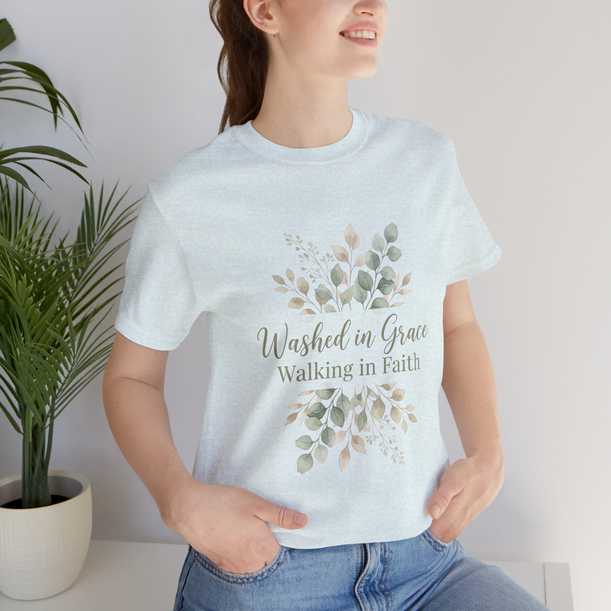 Washed in Grace Floral Tee – "Walking in Faith" Christian T-Shirt