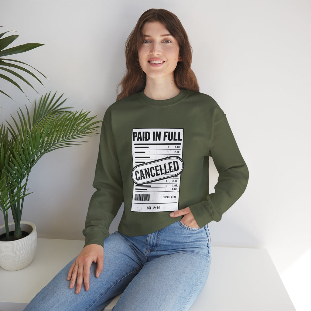 Paid in Full Cancelled Receipt Sweatshirt | Christian Streetwear, Bold Typography