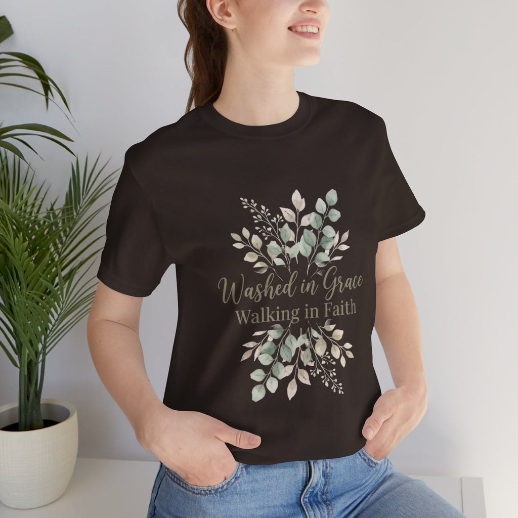 Washed in Grace Floral Tee – "Walking in Faith" Christian T-Shirt